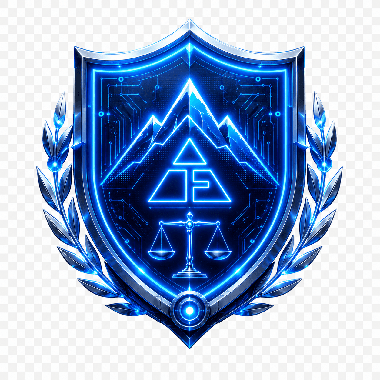 TruFi compliance crest — a neon shield bearing the TruFi mountain-triangle mark and scales of balance