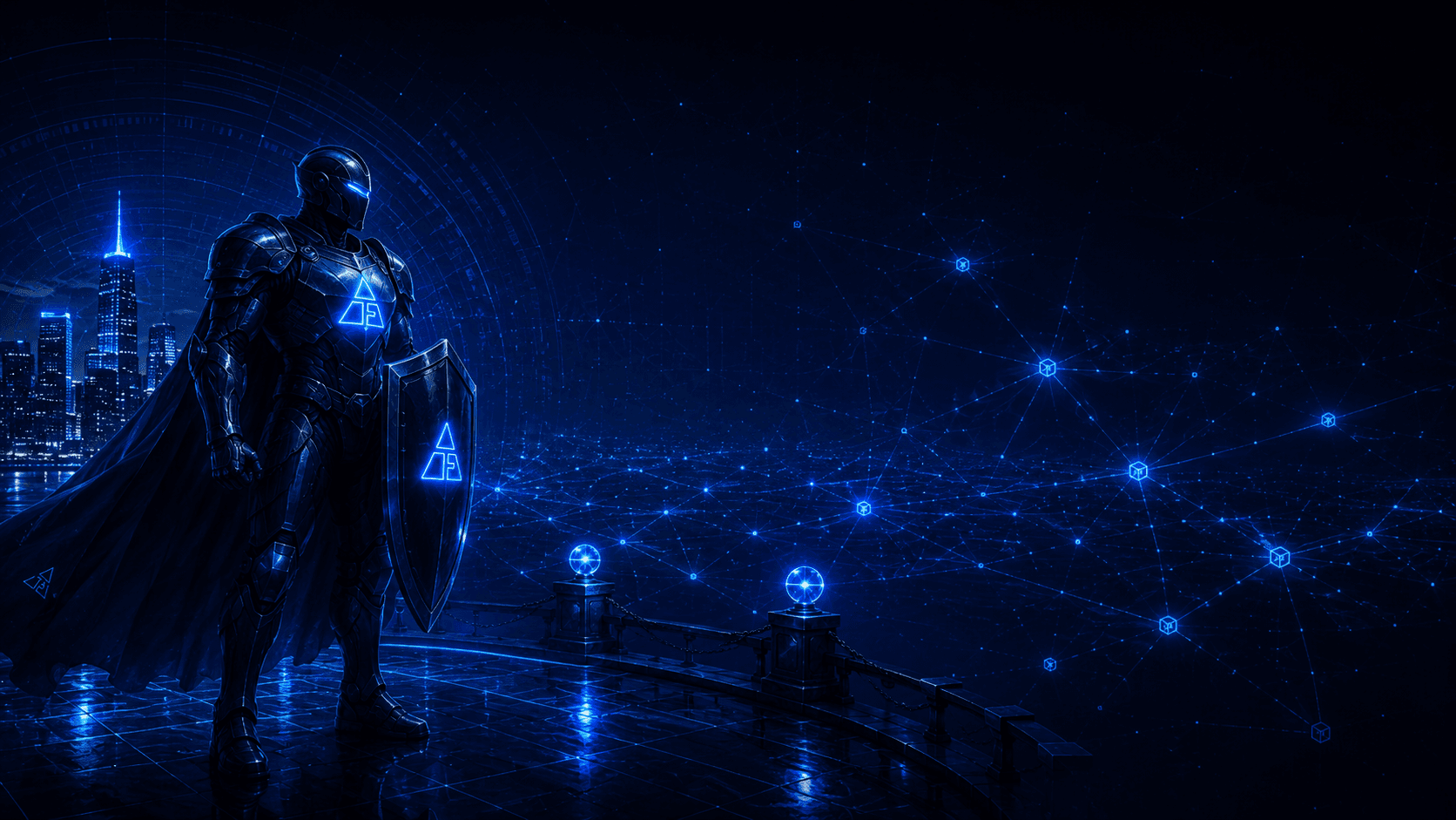 The TruFi Sentinel guardian standing watch before a horizon of interconnected blockchain constellations