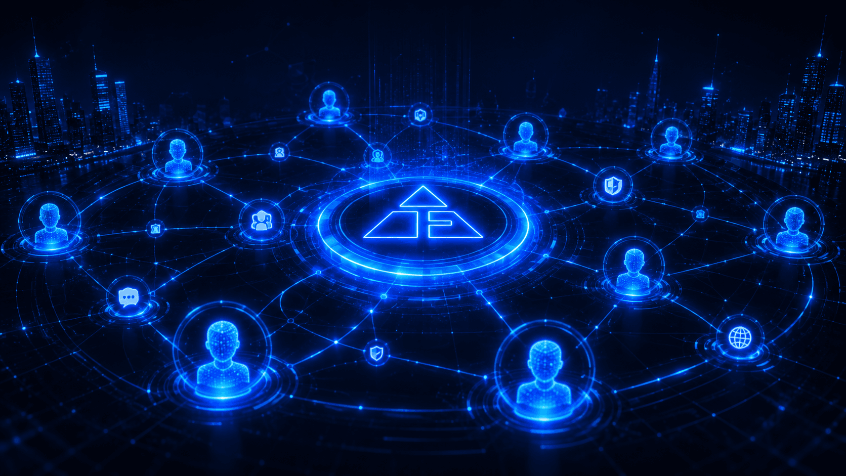 A connected Web3 community of glowing avatar nodes linked around a central TruFi hub
