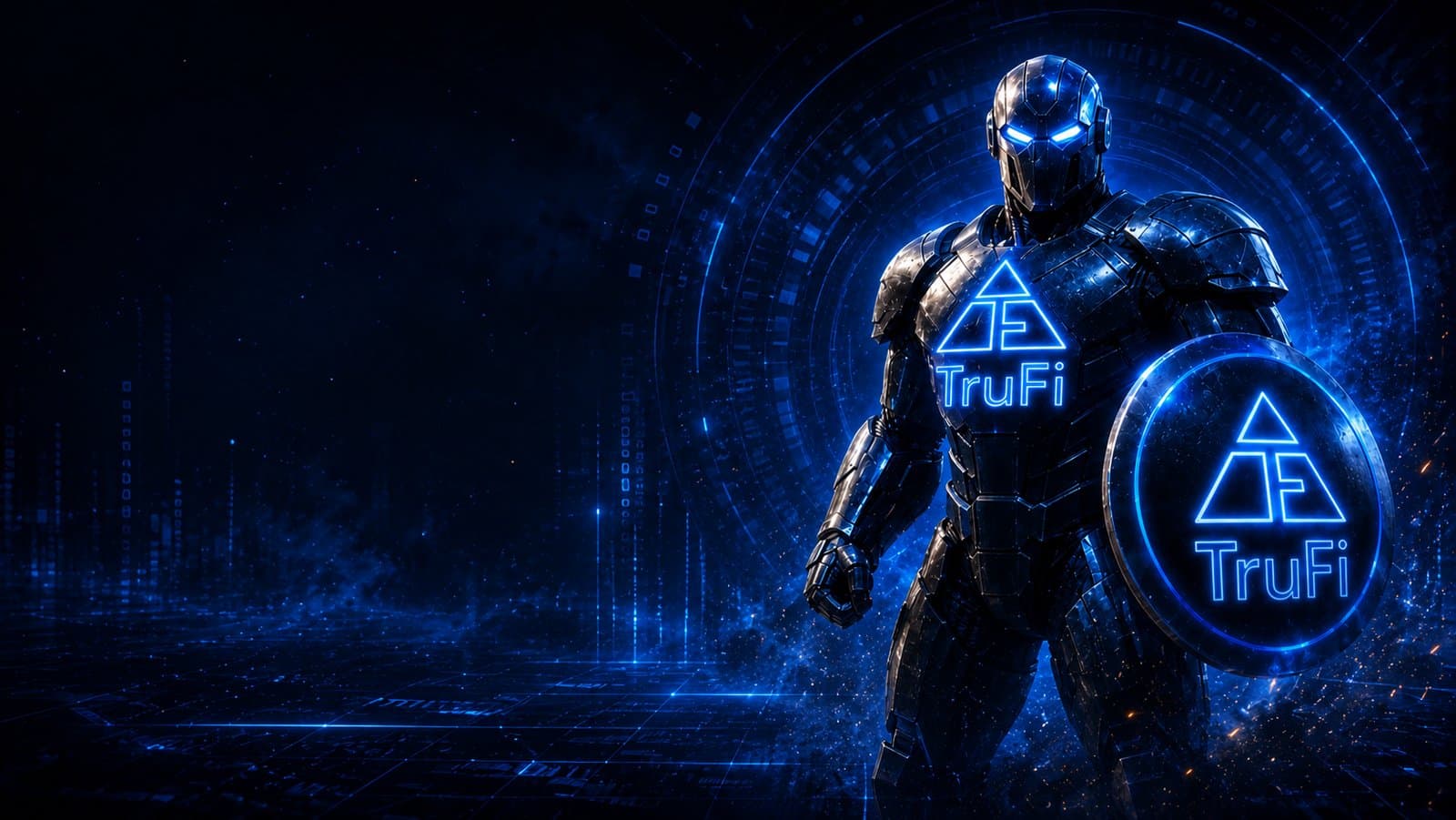 The TruFi Sentinel — an armored guardian bearing the TruFi emblem and shield, representing TruFi DAO as the gateway to Web3