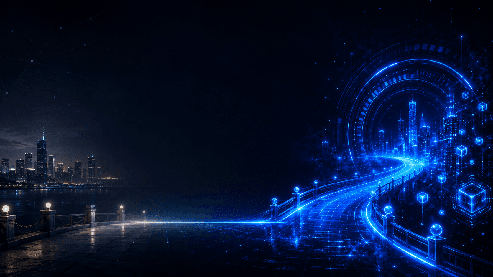 A glowing pathway of light bridging the real world into a radiant Web3 realm of blockchain nodes