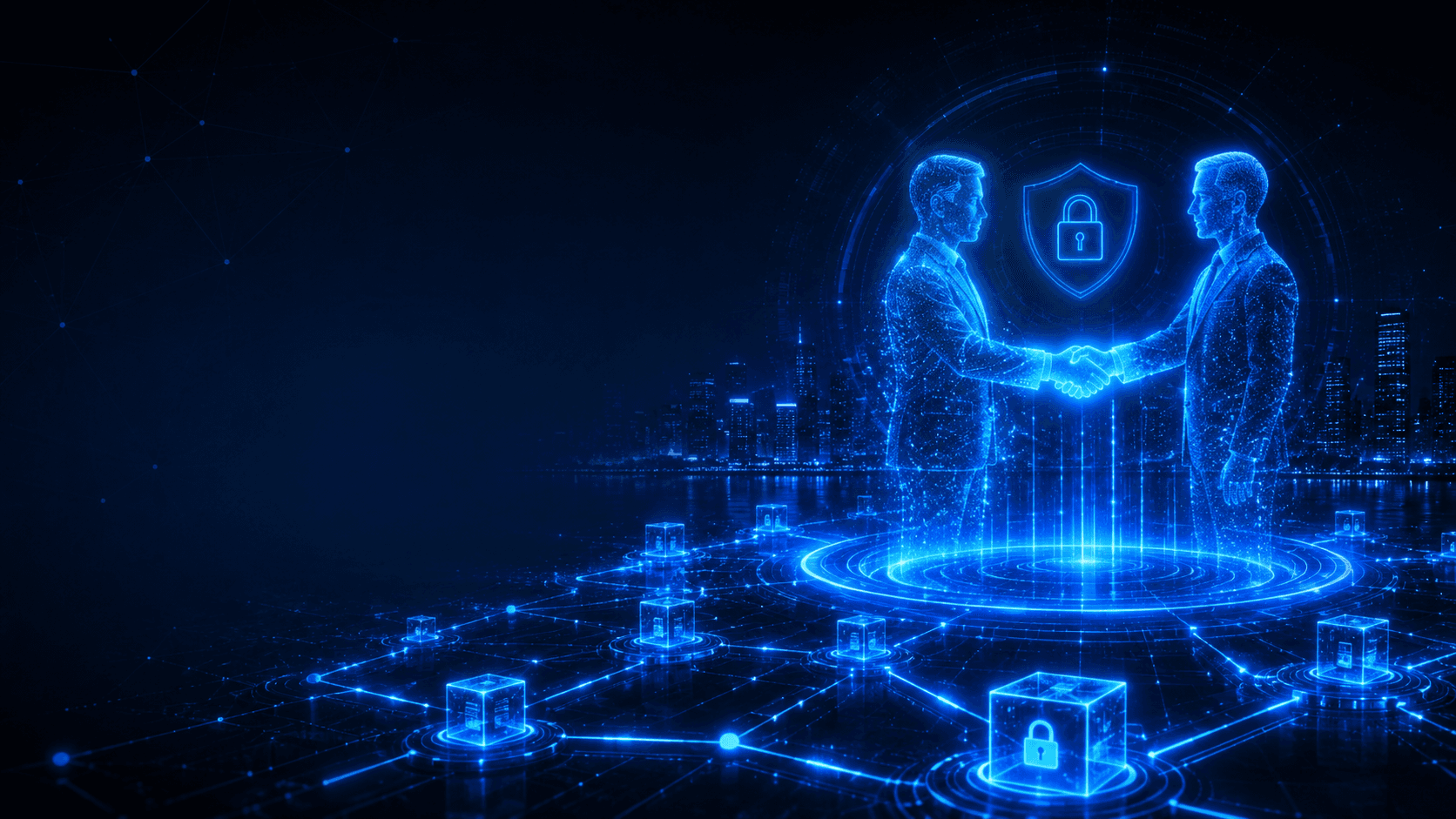 Two holographic figures meeting in a partnership of light above a secure blockchain network