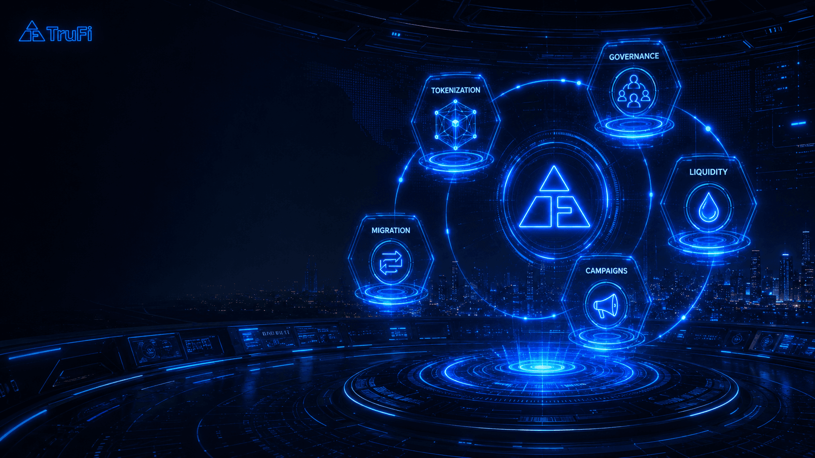 A futuristic control-room interface showing TruFi's service modules connected by light